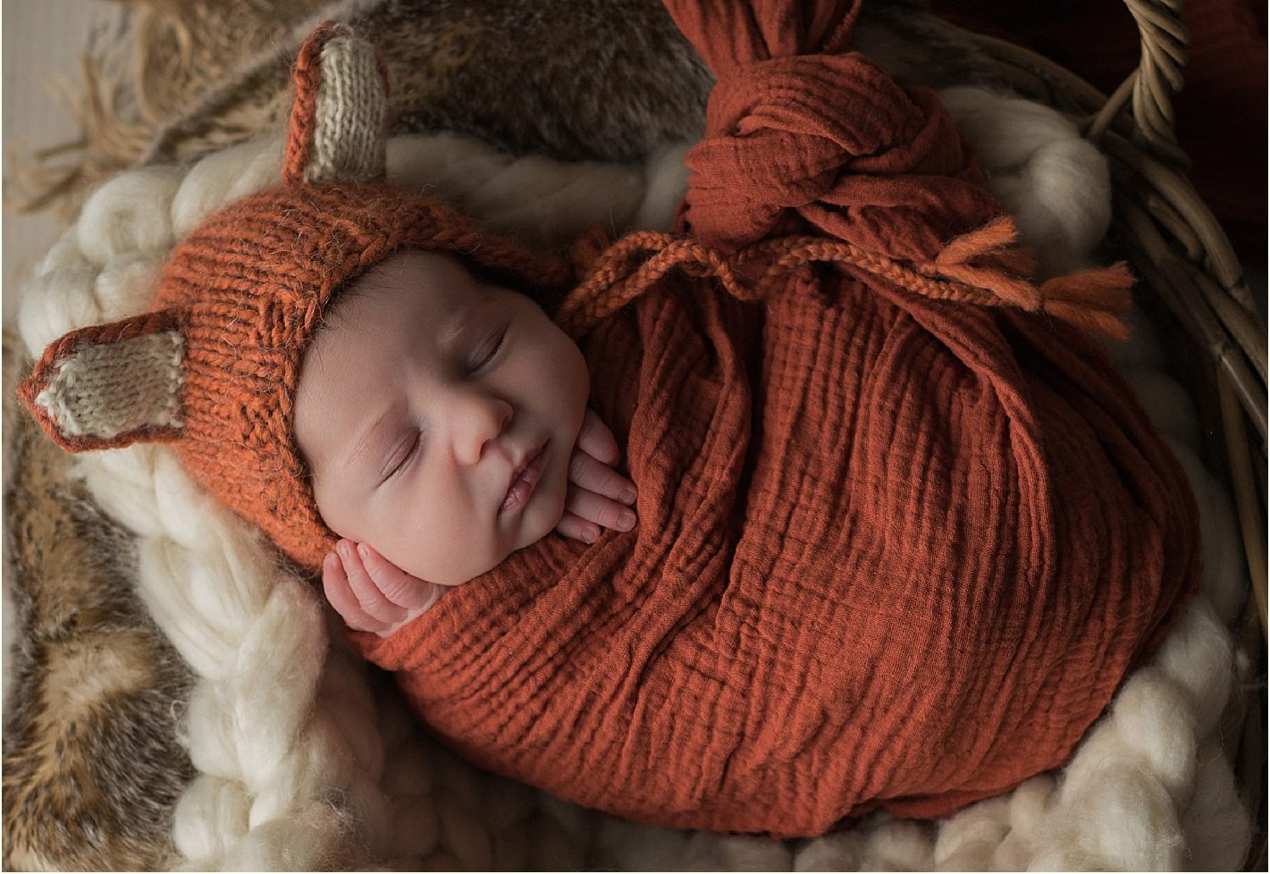 Nouveau-né dans un panier avec accessoires thème renard par Bellules et Compagnie photographe de naissance à Clermont-Ferrand