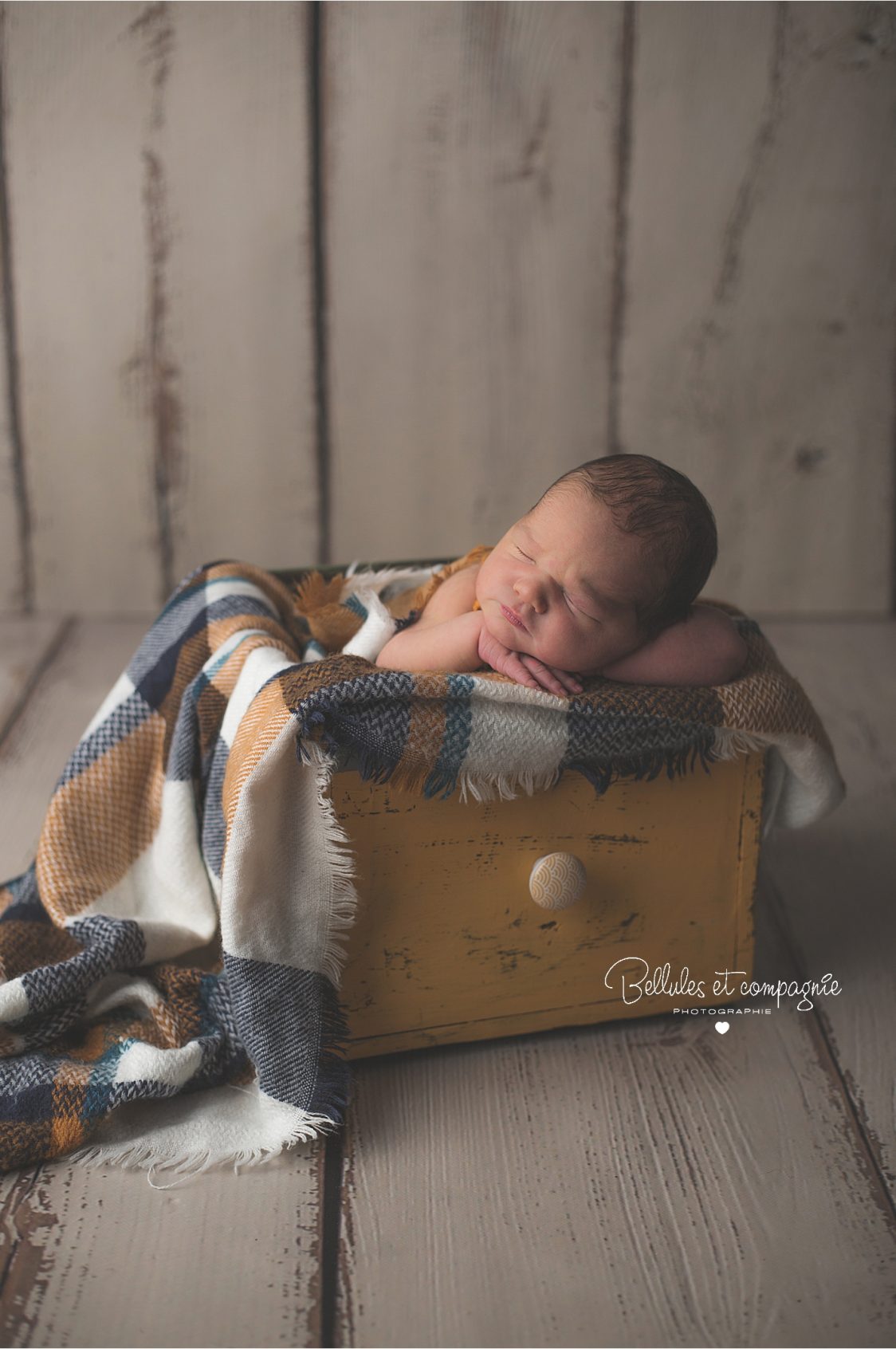 Nouveau-né dans un tiroir en séance naissance par Bellules et Compagnie photographe bébé et grossesse Clermont-Ferrand